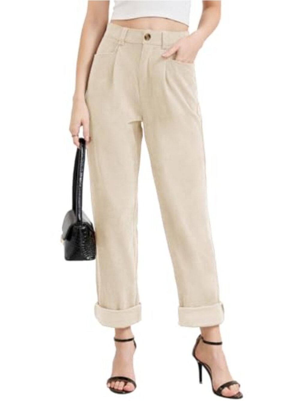 Corduroy Pants High Waisted Straight Leg Stretchy Trousers with Pockets